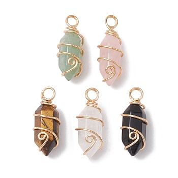 Natural Mixed Stone Copper Wire Wrapped Pointed Pendants, Chunk Faceted Bullet Charms, Light Gold, 25~27x10~10.5x10.5mm, Hole: 3.5mm