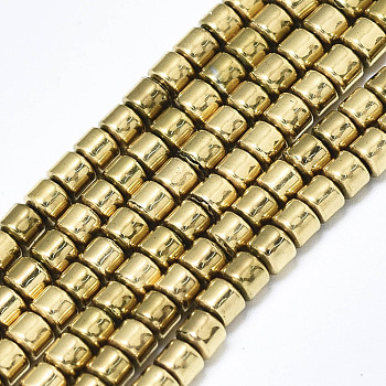 Electroplate Non-magnetic Synthetic Hematite Beads Strands, Column, Real 18K Gold Plated, 3x2.5mm, Hole: 1mm, about 148~150pcs/strand, 15.75 inch(40cm)