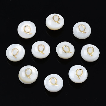 Natural Freshwater Shell Beads, with Golden Plated Brass Etched Metal Embellishments, Flat Round with Letter, Seashell Color, Letter.Q, 6x4mm, Hole: 0.8mm
