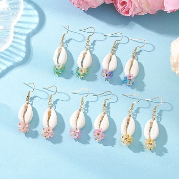 Natural Mixed Cowrie Shell Dangle Earrings, Shell Shape, with Electroplate Non-magnetic Synthetic Hematite Bead & Acrylic & 304 Stainless Steel Earring Findings, Golden, 51~54x14~15mm