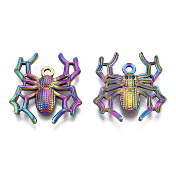 Halloween Theme 201 Stainless Steel Pendants, Spider Charm, Rainbow Color, 25x22.5x3mm, Hole: 1.8mm