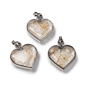Glass Bottle Pendants, with Natural Citrine Chips and Platinum Plated Alloy Findings, Heart, 40x32.5x11mm, Hole: 8x5mm