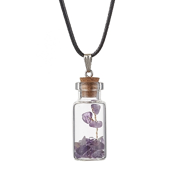 Glass Wish Bottle Pendant Necklace, Natural Amethyst Chips Tree Necklace, 17.83 inch(45.3cm)