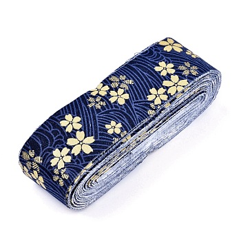 Japanese Kimono Style Floral Cotton Ribbon, Single Printed, for DIY Hair Bow, Headwear, Handmade Trim, Prussian Blue, 1-1/2 inch(40mm), about 10yards/roll(9.14m/roll)