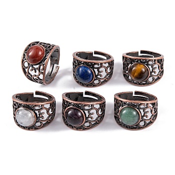 Natural Mixed Stone Round Adjustable Rings, Red Copper Plated Brass Wide Band Rings for Men, Inner Diameter: 19mm