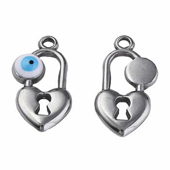 304 Stainless Steel Enamel Pendants, Heart Padlock with Evil Eye, Stainless Steel Color, White, 20x11x3mm, Hole: 1.8mm