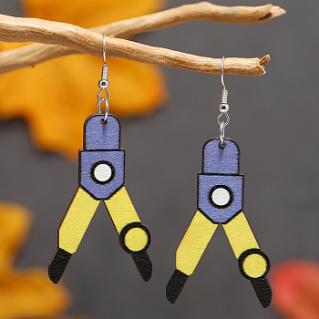 Back-to-School Pliers Shape Wood Dangle Earrings Accessories, Platinum, Blue