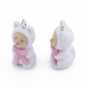 Opaque Resin Pendants, with Platinum Tone Iron Loops, Flocky Bear Charm with Bowknot, Lavender, 27.5x13x13mm, Hole: 2.5mm