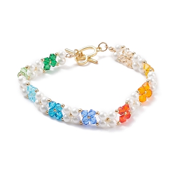Shell Pearl & Glass Braided Flower Beaded Bracelet, Brass Wire Wrap Bracelet for Women, Colorful, 7-3/4 inch(19.7cm)