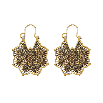 Bohemian Retro Style Alloy Dangle Hoop Earrings, Mandala Earrings, Flower, Antique Golden, 41~44mm, Pin: 0.7mm, Flower: 31.5x28.5x1.8mm