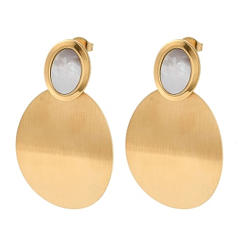 Titanium Steel Stud Earrings for Women, with Shell, Oval, Real 18K Gold Plated, 46.5x26mm