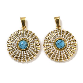 Ion Plating(IP) 304 Stainless Steel Pave Synthetic Turquoise Pendants, with ABS Plastic Pearl, Golden, Flat Round, 21.5x19.5x5.5mm, Hole: 5x3mm