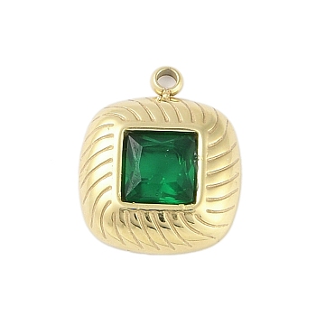 Glass Pendants, with Ion Plating(IP) 304 Stainless Steel Findings, Manual Polishing, Real 18K Gold Plated, Square Charms, Green, 14.5x12x3mm, Hole: 1.4mm