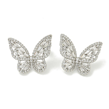 Rack Plating Butterfly Brass Micro Pave Clear Cubic Zirconia Stud Earrings, Platinum, 21x25.5mm