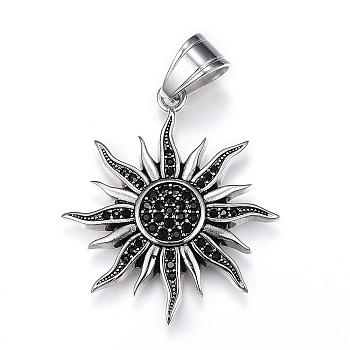 316 Surgical Stainless Steel Rhinestone Pendants, Sun, Antique Silver, 39x34.5x5mm, Hole: 7x10mm