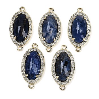 Natural Sodalite Faceted Oval Links, Rack Plating Brass Micro Pave Clear Cubic Zirconia Connector Charms, Golden, 24.5x12x4.5mm, Hole: 1.5mm