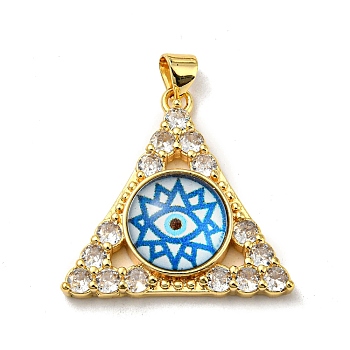 Real 18K Gold Plated Brass Pendants, with Glass and Acrylic, Triangle With Evil Eye Charms, Cornflower Blue, 27x28x7mm, Hole: 4x3.5mm