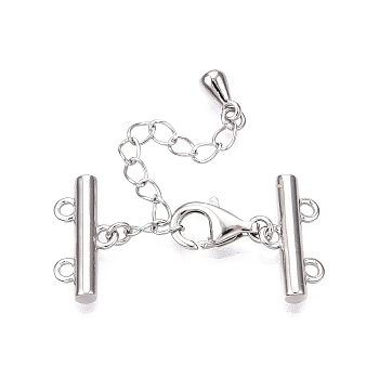 Anti-Tarnish Rhodium Plated 925 Sterling Silver Necklace Layering Clasps, with 2 Strands 4-Hole Ends and Lobster Claw Clasps, Platinum, 14x6.5x2mm, Hole: 1.2mm, Lobster Clasp: 9x5.5x2.5mm, Pendant: 6x3mm, Chain: 40mm.