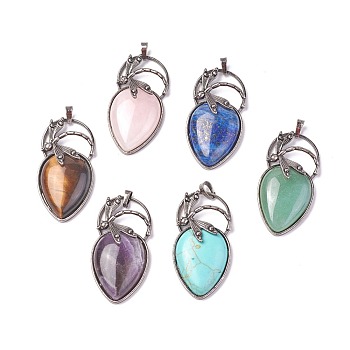 Natural & Synthetic Mixed Stone Pendants, with Brass Findings, teardrop, Antique Silver, 52~53x27x10~11mm, Hole: 8x5mm