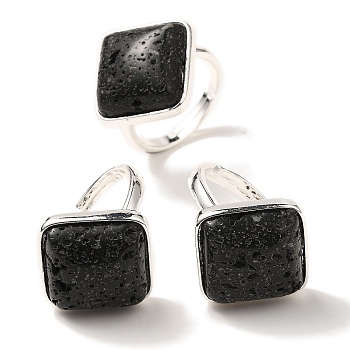 Natural Lava Rock Adjustable Rings, with Brass Base Findings, Lead Free & Cadmium Free, Rhombus, Rhombus: 24x25mm, US Size 9 3/4(19.5mm)