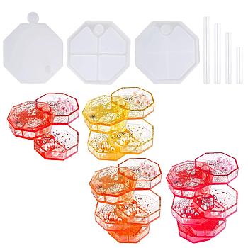 DIY Layered Rotating Storage Box Silicone Mold Sets, Resin Casting Molds, for UV Resin, Epoxy Resin Jewelry Making, with Disposable Rubber Gloves & Plastic Sticks, White, 107~122x103~108x7~27.2mm, 3pcs/set