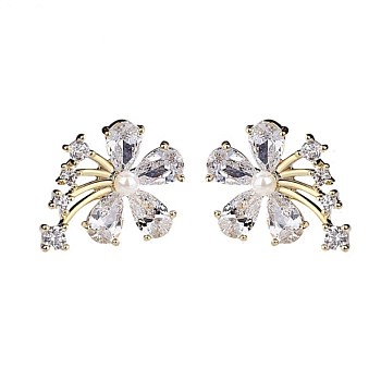 Brass Rhinestone Stud Earrings, for Women, Flower, Golden, Crystal