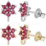 6 Pairs 2 Colors Brass Micro Pave Cubic Zirconia Stud Earring Findings, Cadmium Free & Lead Free, Flower with Loop, Long Lasting Plated, Cerise, 9.5x6.5x3mm, Hole: 0.8mm, Pin: 0.9mm, 3 pairs/color(ZIRC-BBC0003-24B)