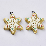 Handmade Polymer Clay Pendants, with Platinum Plated Iron Loops, Christmas Theme, Snowflake, Floral White, 34x27.5x7mm, Hole: 2mm(CLAY-S093-28)