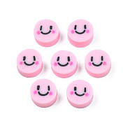 Handmade Polymer Clay Beads, Flat Round with Expression, Pearl Pink, 9~10x4~5mm, Hole: 1.6mm(CLAY-N008-065-A07)