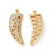 Brass Micro Pave Cubic Zirconia Pendants, Real 18K Gold Plated, Horn/Tusk Charm, Clear, 43.5x17.5x6mm, Hole: 4x3.5mm(ZIRC-I063-46G-02)