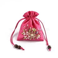 Flower Pattern Satin Jewelry Packing Pouches, Drawstring Gift Bags, Rectangle, Cerise, 14x10.5cm(PW-WG90050-07)