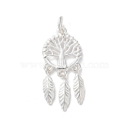 925 Sterling Silver Pendants, Woven Web/Net with Feather Charms with Jump Rings, Silver Color, Tree of Life, 17x12.5x1.6mm, Hole: 3.8mm(STER-E071-03S-02)
