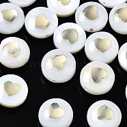 Freshwater Shell Beads, Golden Metal Enlaced, Flat Round with Heart, White, 8.5x3.5~5mm, Hole: 0.8mm(SHEL-T018-21)