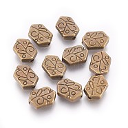 Tibetan Style Alloy Beads, Cadmium Free & Nickel Free & Lead Free, Antique Bronze Color, Hexagon with Leaf, about 11.5mm long, 8mm wide, 4mm thick, hole: 1mm(X-MLF0104Y-NF)