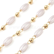 Rack Plating Brass Satellite Chains, with Plastic Pearl Oval Beaded, Soldered, with Card Paper, Golden, 7.8x3.8mm(CHC-C026-07A)