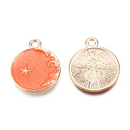Alloy Enamel Pendants, Cadmium Free & Lead Free, Flat Round with Moon and Star, Golden, Coral, 26x21x2.5mm, Hole: 2.5mm(ENAM-Q428-08)
