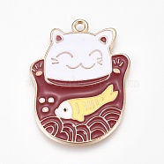 Alloy Enamel Kitten Pendants, Maneki Neko/Beckoning Cat with Fish Shape, Golden, Brown, 37x27.5x1.5mm, Hole: 2.3mm(ENAM-O035-04G)