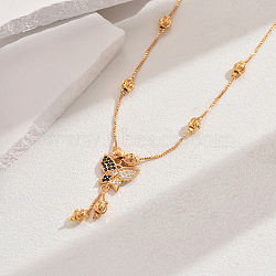 Fashionable Brass Pave Cubic Zirconia Butterfly Pendant Necklaces, Tassel Necklaces for Women, Real 18K Gold Plated, Clear, 17.91 inch(45.5cm)(CT9950-5)