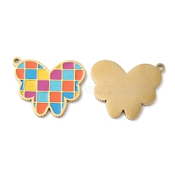 Ion Plating(IP) 316L Surgical Stainless Steel Pendants, with Enamel, Butterfly with Tartan Pattern Charm, Real 18K Gold Plated, 15.5x18.8x1.2mm, Hole: 1.2mm(STAS-H213-20G)