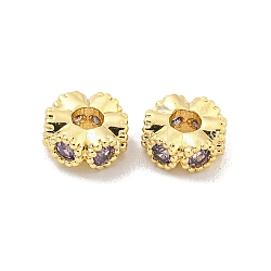 Brass Micro Pave CLear Cubic Zirconia Beads, Flower, Golden, 6.5x2.5mm, Hole: 2mm(KK-Z044-06B)