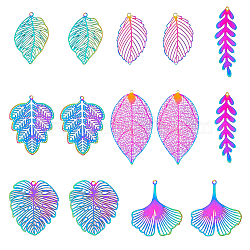 14Pcs 7 Style 201 Stainless Steel Filigree Big Pendants, Etched Metal Embellishments, Leaf Charm, Rainbow Color, 37~60x16~36x0.25~0.3mm, Hole: 1.2~1.6mm, 2pcs/style(FIND-FH0007-86)
