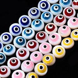 Natural Freshwater Shell Beads Strands, with Enamel, Flat Round with Evil Eye, Mixed Color, 6x3~4mm, Hole: 0.8mm, about 62~63pcs/strand, 14.96 inch~15.35 inch(38~39cm)(SHEL-N003-15)