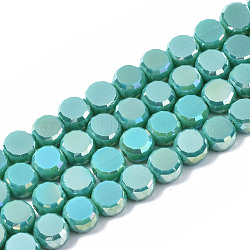 Electroplate Glass Beads Strands, AB Color Plated, Faceted, Flat Round, Light Sea Green, 5.5x6x3.5mm, Hole: 1.2mm, about 98~100pcs/strand, 19.84~21.65 inch(50.4cm~55cm)(EGLA-Q125-002-A02)