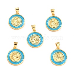 Brass Enamel Pendants, Cadmium Free & Lead Free, Long-Lasting Plated, Flat Round with Virgin Mary, Real 18K Gold Plated, Dark Turquoise, 18x16x2.5mm, Hole: 4.5x3.5mm(KK-P209-03G-06-RS)