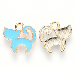 Alloy Enamel Charms, Cat Shape, Light Gold, Sky Blue, 13x13x2mm, Hole: 1.8mm(ENAM-S121-031A)