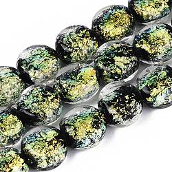 Handmade Foil Glass Beads Strands, Flat Round, Yellow, 10.5x5~7mm, Hole: 1~1.6mm, about 40pcs/strand, 16.34~17.13 inch(41.5~43.5cm)(FOIL-Q002-03C)