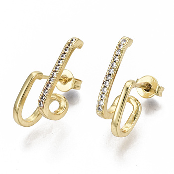 Brass Micro Pave Clear Cubic Zirconia Stud Earrings, with Ear Nuts, Nickel Free, Letter H, Real 18K Gold Plated, 19x6mm, Pin: 0.8mm