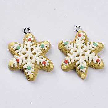 Handmade Polymer Clay Pendants, with Platinum Plated Iron Loops, Christmas Theme, Snowflake, Floral White, 34x27.5x7mm, Hole: 2mm