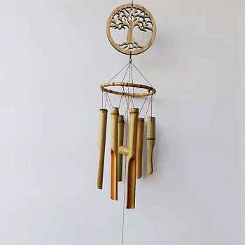Tree of Life Wind Chimes, Wood & Bamboo Art Pendant Decorations, BurlyWood, 900x140mm