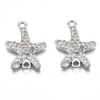 Rack Plating Alloy Links Connectors, with Polymer Clay Rhinestone, Cadmium Free & Lead Free, Platinum Plated, Starfish, Crystal, 22x16.5x2.5mm, Hole: 1.8mm